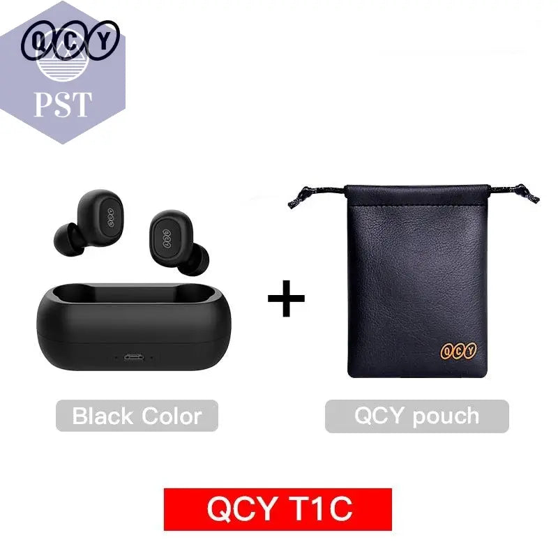 5.0 Bluetooth 3D Stereo Earphones with Dual Microphone T1C-Black-with-pouch-China PST PS Tradings