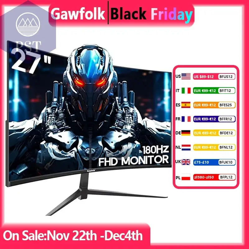 Gawfolk 27 Zoll Gebogener Gaming-Monitor 180 Hz, Pc-Bildschirm Full HD 1080P, Rahmenloser 1800R-Computermonitor Mit Freesync Und Eye Car PST PS Tradings Gf270C / Eu-SteckerGawfolk 27 Zoll Gebogener Gaming-Monitor 180 Hz, Pc-Bildschirm Full HD 1080P, Rahmenloser 1800R-Computermonitor Mit Freesync Und Eye Car
