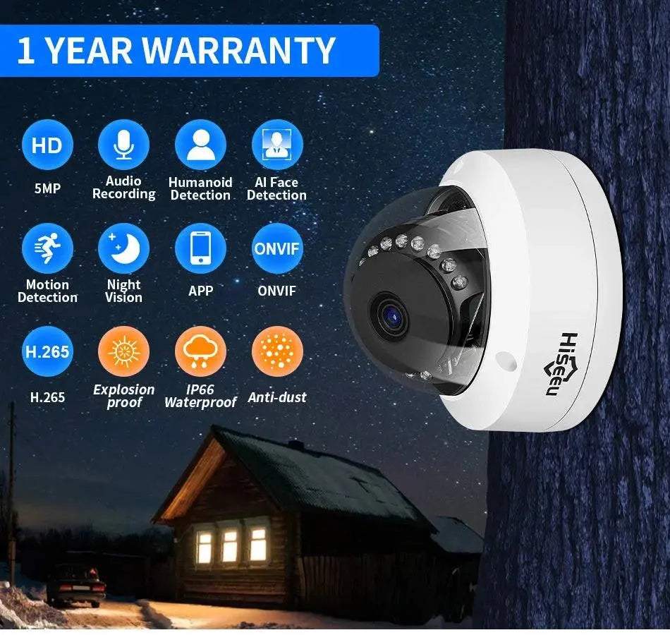 Hiseeu 5MP Explosion-proof POE IP Camera Audio H.265+ Dome Home Indoor Outdoor Surveillance Security Camera CCTV Video for NVR - Property & Safety Tradings