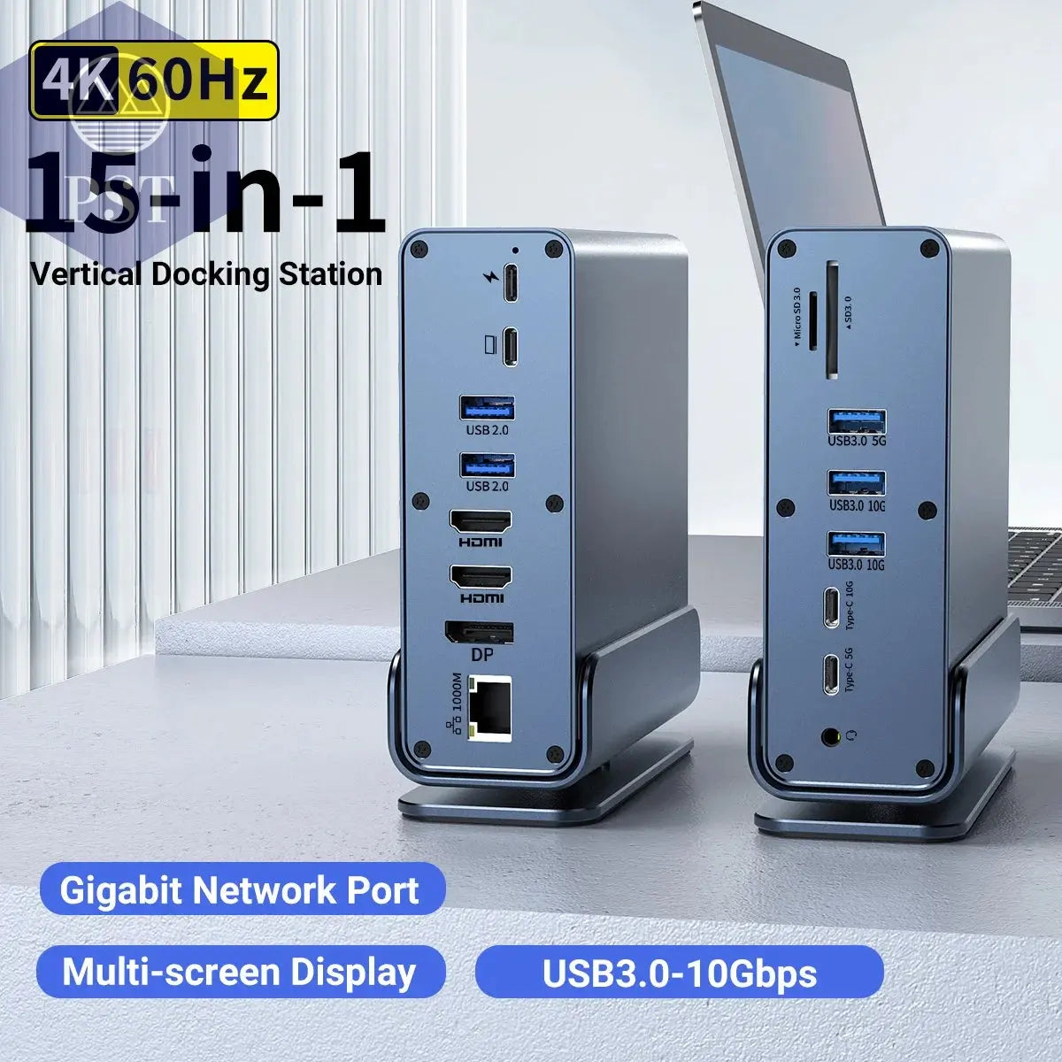 15 in 1 USB-C Docking Station 4K HD Vertical Hub with Triple Monitor ,RJ45 1000M,USB 3.0/2.0,PD 3.0,Sd/Tf,Audio 3.5       PST PS Tradings