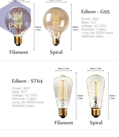 Edison Bulb E27 220V 40W ST64 A19 T45 G80 G95 G125 Incandescent Filament Bulb Lighting Retro Edison Light Bulb       PST PS Tradings