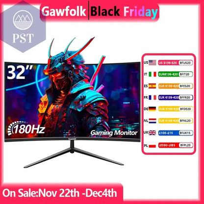 Gawfolk 32-Zoll-Gaming-Monitor Gebogen 1800R, 180 Hz Pc-Bildschirm Full HD 1080P, Rahmenlos 1500R Gebogenes Computerbildschirm PST PS Tradings  32Inch-1K180Hz / Eu-SteckerGawfolk 32-Zoll-Gaming-Monitor Gebogen 1800R, 180 Hz Pc-Bildschirm Full HD 1080P, Rahmenlos 1500R Gebogenes Computerbildschirm