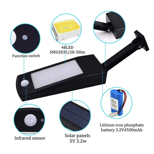 900lm Led Solar Licht Im Freien Wasserdichte Beleuchtung Für Garten Wand 48 leds Vier Modi Drehbare Pol Solar Lampe Neueste       PST PS Tradings