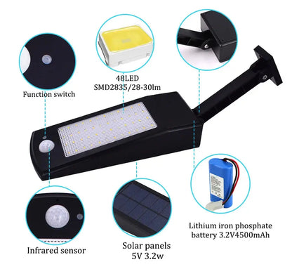 900lm Led Solar Licht Im Freien Wasserdichte Beleuchtung Für Garten Wand 48 leds Vier Modi Drehbare Pol Solar Lampe Neueste       PST PS Tradings