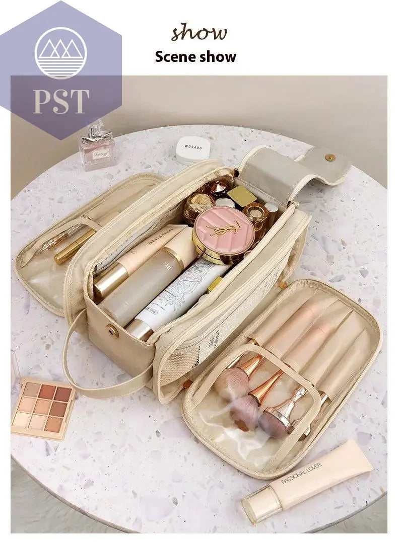 High appearance double zipper make-up bag large-capacity portable travel senior impression make-up brush wash-and-wash bag - PST PS Tradings