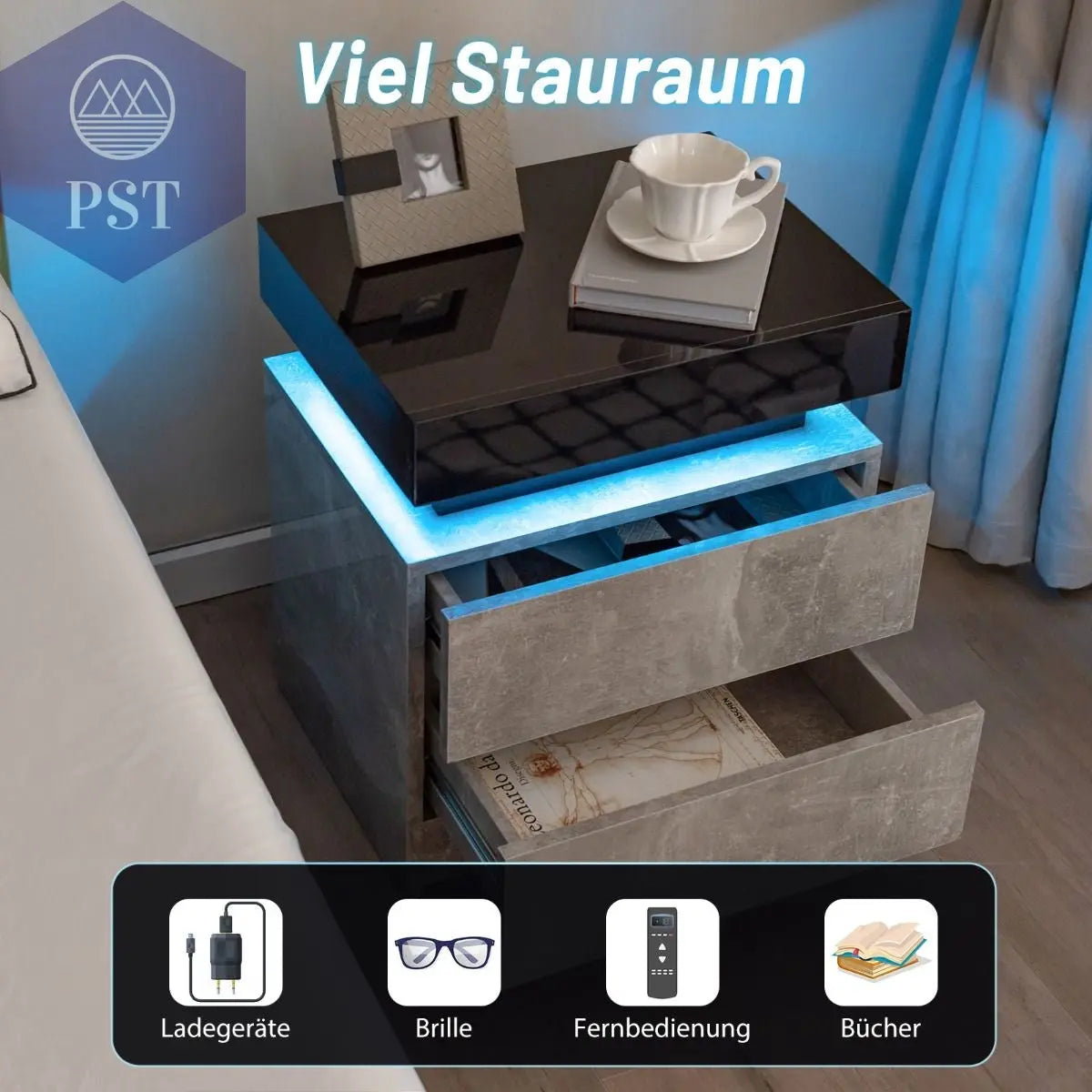 LED Nachttisch mit 2 Schubladen - Modernes Design PST PS Tradings Nachttisch PST PS Tradings  PST PS Tradings LED Nachttisch mit 2 Schubladen - Modernes Design Nachttisch