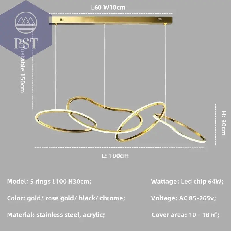 Luxuriöse Dimmbare Pendelleuchte Esstisch Leuchter Wohnzimmer Beleuchtung PST PS Tradings Pendelleuchte PST PS Tradings gold-in-stock-4-ring-L100cm-64W-warm-light-3000K PST PS Tradings