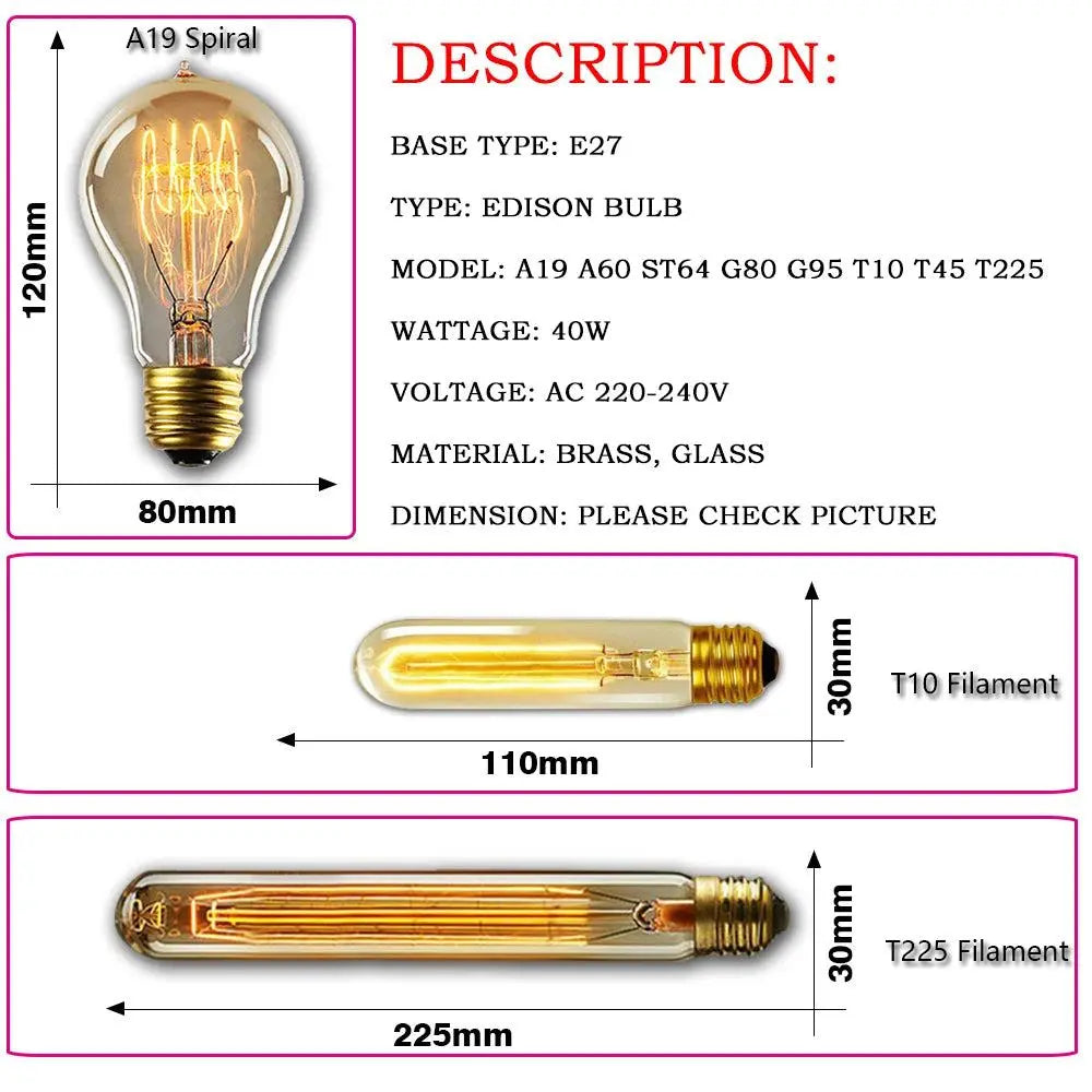 Retro Edison Light Bulb E27 220V 40W ST64 G80 G95 T10 T45 T185 A19 A60 Filament Incandescent Ampoule Bulbs Vintage Edison Lamp       PST PS Tradings