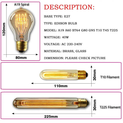 Retro Edison Light Bulb E27 220V 40W ST64 G80 G95 T10 T45 T185 A19 A60 Filament Incandescent Ampoule Bulbs Vintage Edison Lamp       PST PS Tradings