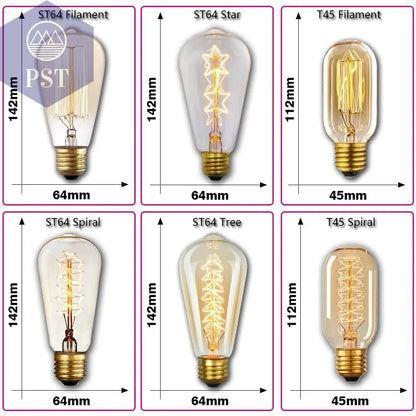 Retro Edison Light Bulb E27 220V 40W ST64 G80 G95 T10 T45 T185 A19 A60 Filament Incandescent Ampoule Bulbs Vintage Edison Lamp       PST PS Tradings