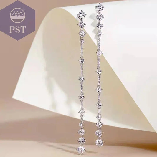 Silberne Nadel, lange baumelnde Ohrringe für Frauen, kubischer Zirkon, Kristall, Hochzeit, weibliche Quasten-Ohrringe  fashion, women, dress, clothes     PST PS Tradings