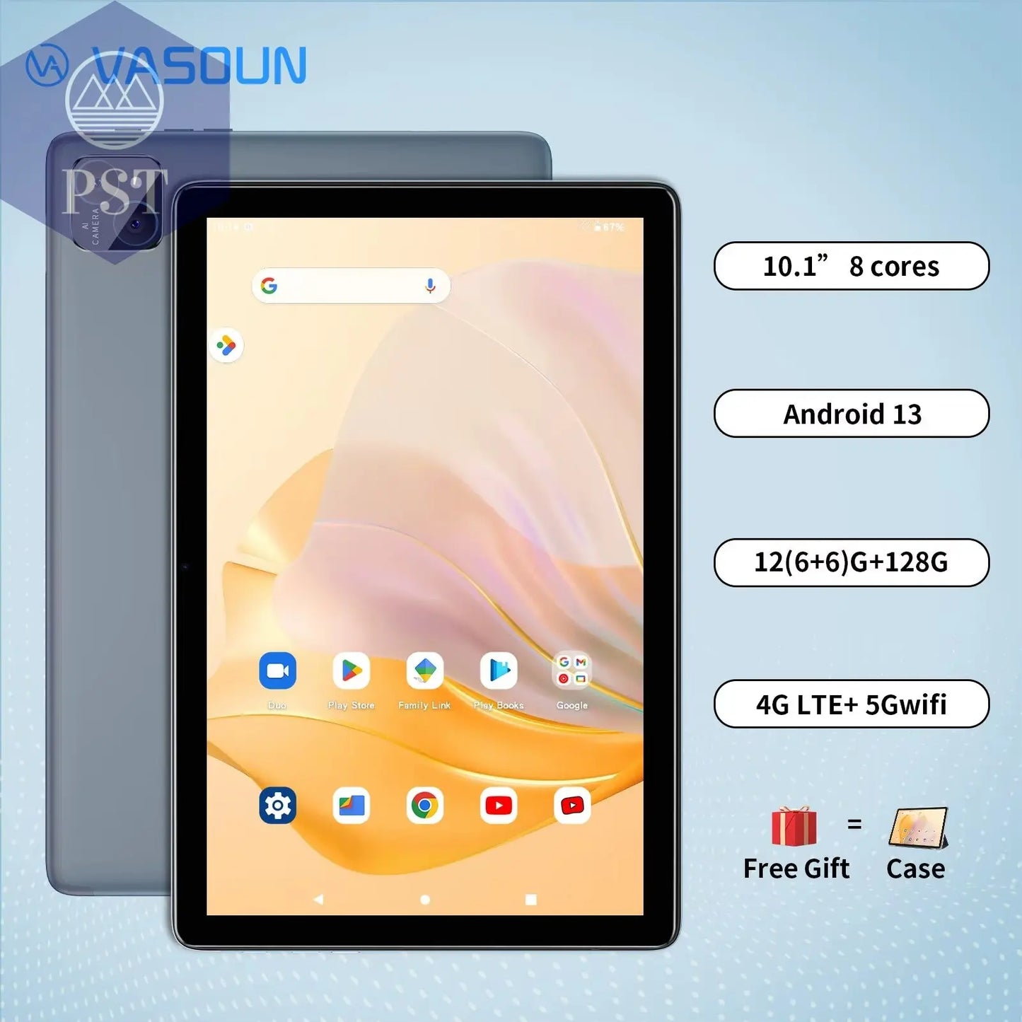 VASOUN Android 14 Tablet 10.1", 12GB(6+6 Expand) RAM, 128GB ROM, Octa Core, Dual SIM 4G Unlocked with 2.4G/5G Wifi GPS PST PS Tradings  PST PS Tradings Grey-With-Case-European-Regulations PST PS Tradings VASOUN Android 14 Tablet 10.1", 12GB(6+6 Expand) RAM, 128GB ROM, Octa Core, Dual SIM 4G Unlocked with 2.4G/5G Wifi GPS