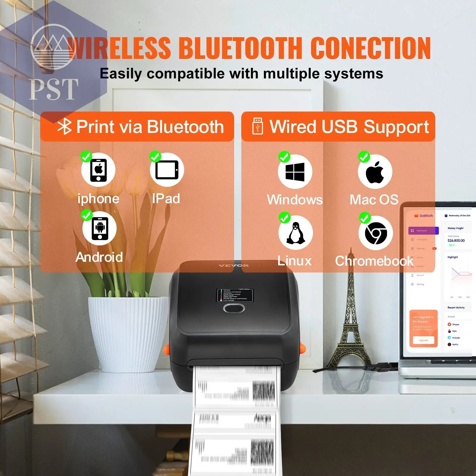 VEVOR Bluetooth/Usb Thermo Etikettendruck PST PS Tradings  VEVOR Bluetooth/Usb Thermo Etikettendruck